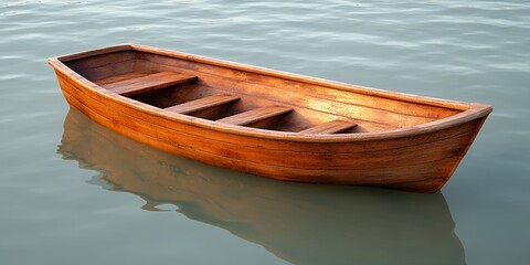 Obraz premium Serene Wooden Rowboat Floating on Calm Water A Peaceful Lake Scene