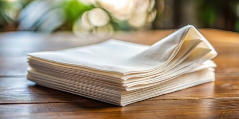 A clean and folded top view of two paper napkins stacked on a table, with a subtle background blur to emphasize their texture and design details , napkin, simple