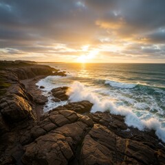 Obraz premium Ocean Sunset with Waves Crashing on Rocky Coast