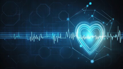 Fototapeta premium Digital glowing heart with a connected pulse line on a blue background