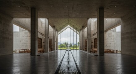 Fototapeta premium Modern Concrete Building Interior with Water Feature
