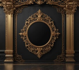 Elegant black and gold VIP invitation backdrop, ornate details, luxury feel, gift, rich, metal