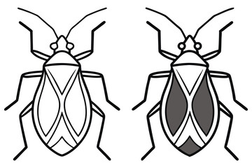 Two stylized leaf footed bug outlines showcase simple design variations on a white background