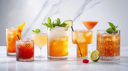 Variety of colorful cocktails with ice, fruit garnishes and mint on marble
