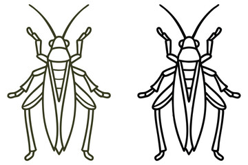 Two grasshopper outlines, one olive and one black, face the viewer directly on white