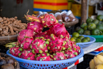 Local market with exotic fruits in Vietnam, Nha Trang resort. 