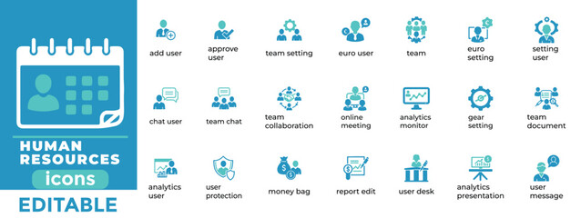 

Editable HR vector icons for hiring, teams, business, and profiles. Clean, modern design