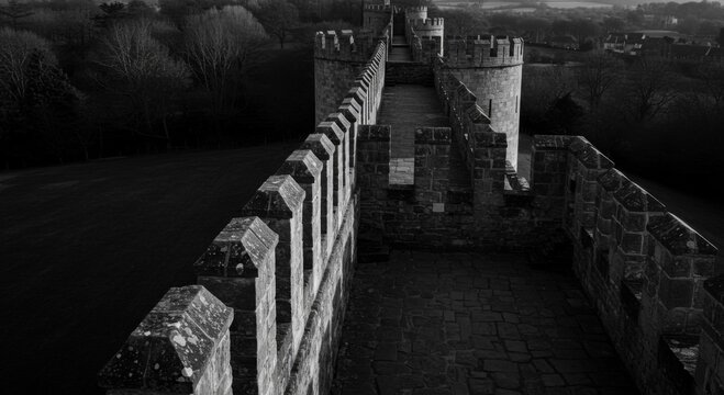 High Angle View of Ancient Castle Stone Wall
