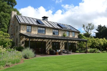 Obraz premium Beautiful stone house with solar panels surrounded by green lawn and garden under a cloudy sky in a serene rural setting