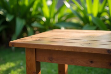 Fototapeta premium Sturdy Wooden Product Table with Fresh Leaves and Grass in the Background