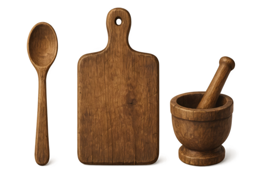 A wooden spoon, a cutting board, and a mortar and pestle, commonly used for cooking and food preparation. Concept Kitchen Essentials, Cooking Tools, Food Prep Equipment, Culinary Basics
