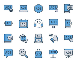 Filled blue outline icons set for Ads marketing