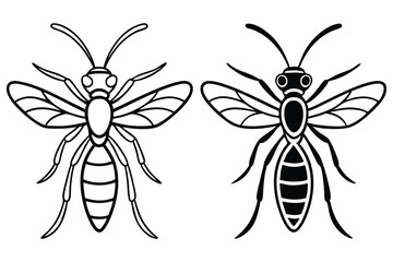 Two stylized wasps with detailed wings and striped abdomens appear in monochrome format