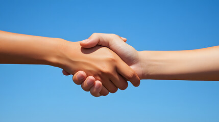 Two hands shaking against clear blue sky background symbolizing partnership, agreement, business deal, cooperation, unity, friendship, teamwork, trust, support, mutual respect and collaboration

