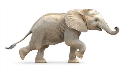 In a minimalist studio, an anthropomorphic elephant displays its strength through fist pump fighting