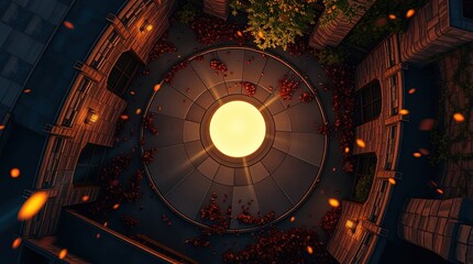 Obraz premium Circular Courtyard at Night: A breathtaking aerial view of a circular courtyard at night, illuminated by warm, glowing lights, creating a magical and serene atmosphere. The architecture is detailed.