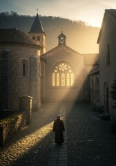 Naklejka premium Monk Walking Towards Sunlit Monastery at Dawn