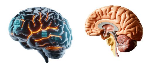 Human brain anatomy with neural connections and cross-sectional view