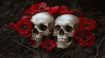 Two human skulls decorated with vivid red poppies flowers dark background art life bones death still