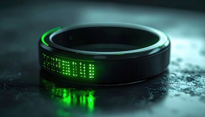 A high-tech ring displaying green holographic data, symbolizing wearable AI, cybersecurity trends, and futuristic biometric tools for personal data tracking