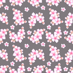 Hand drawn watercolor cherry blossom bouquet seamless pattern isolated on dark lilac background. Can be used for textile, fabric, scrapbook and other printed products.