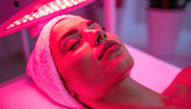 A woman lies with eyes closed under pink LED light therapy, reflecting modern beauty treatments and skincare technology