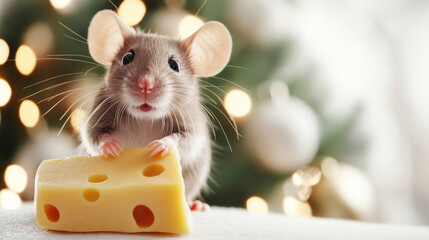 Tiny gray mouse grasping cheese slice, festive christmas lights glimmering, holiday humor blending seasonal cheer and playful surprise