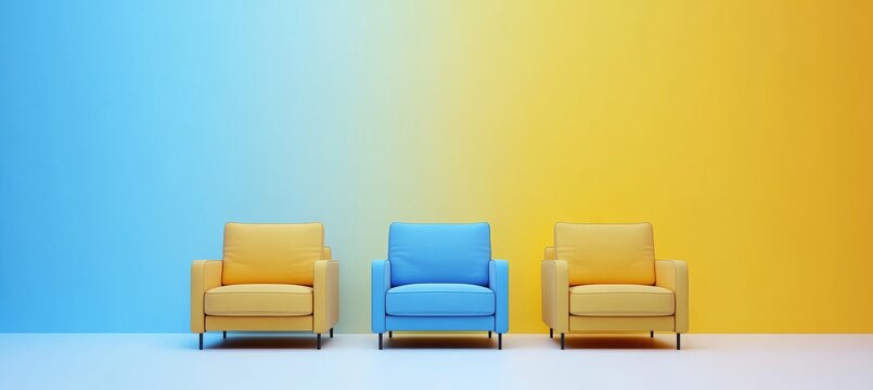 The bright yellow chair stands out from the blue furniture, indicating an available position