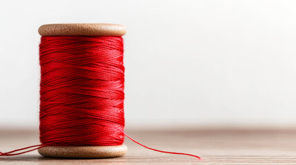 Wooden surface hosting single red thread spool, minimalist composition highlighting crafting essentials against pristine white backdrop