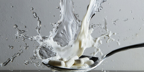 Liquid medicine pouring over pills in a close up shot Generative AI