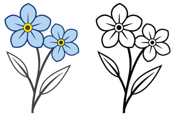 Two beautiful cartoon forgetmenot flowers showcase vibrant color and black outline variation with transparent background