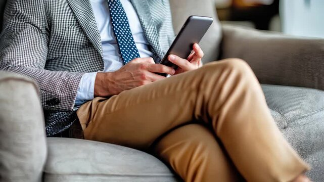 Businessman in checkered blazer and blue tie sitting on gray couch with smartphone. Professional male executive in formal attire with mobile device. Corporate manager in stylish suit relaxing