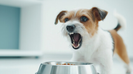 Small Jack Russell terrier growling fiercely at a metal food bowl in a bright, cheerful room, showcasing possessive and guarding behavior