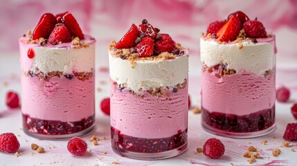 Delicious three layer strawberry cake with cream and jelly on a soft pastel background