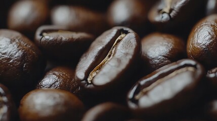 This captivating macro shot features roasted coffee beans with a rich texture and an inviting appeal