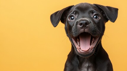 A chocolate labrador retriever with an open mouth and a happy demeanor is staring directly at the camera