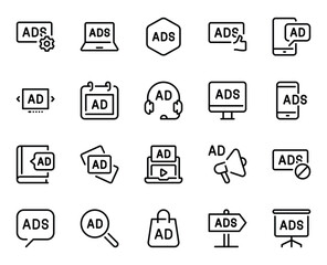 Outline icons set for Ads marketing