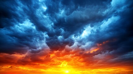 Fototapeta premium Dramatic Sunset Sky with Dark Blue and Orange Cloudscape Fiery Horizon