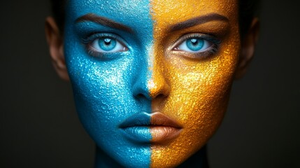 A face with exquisite paintwork boasts vibrant blue and orange hues in its intricately designed makeup