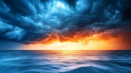 Dramatic Ocean Sunset with Dark Storm Clouds above the Horizon A breathtaking view of nature's power and beauty