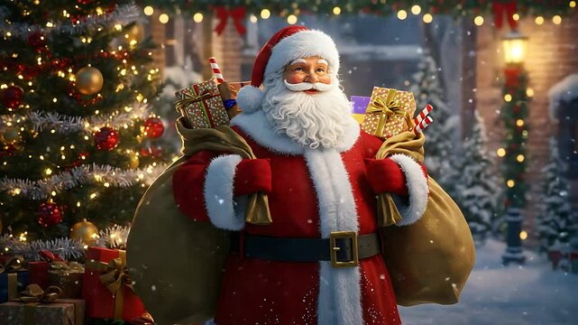 Santa Claus joyfully delivering presents in a snowy Christmas village with festive decorations