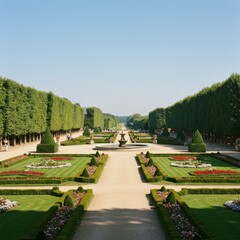 Formal Garden with Symmetrical Flowerbeds and Fountain