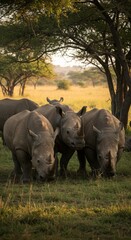 Fototapeta premium Herd of Rhinos Grazing in African Savanna at Sunset