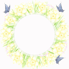 Hand drawn watercolor daffodil with green leaves butterflies and pearls wreath frame border isolated on white background. Can be used for postcard, invitation, scrapbook and other printed products.