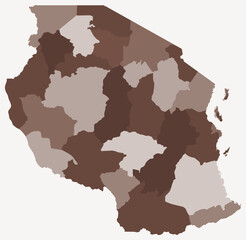 Map of Tanzania with regions. Just a simple country border map with region division. Brown color palette. Flat United Republic of Tanzania shape with administrative division. Vector illustration.