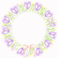 Hand drawn watercolor daffodil and crocus with green leaves and a bow wreath frame border isolated on white background. Can be used for postcard, invitation, scrapbook and other printed products.