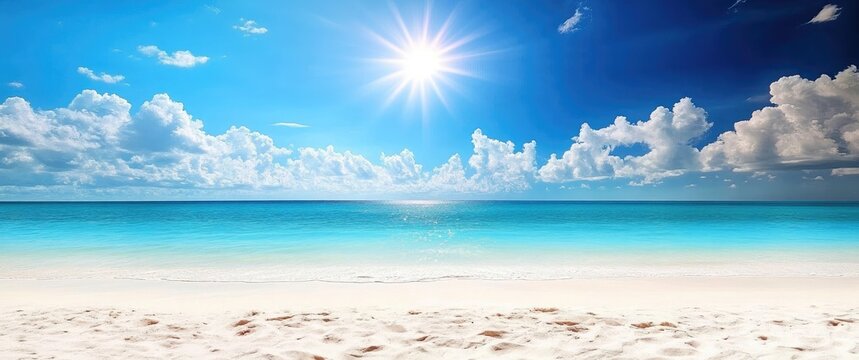 Sunny Tropical Beach with Turquoise Water, White Sand and Fluffy Clouds