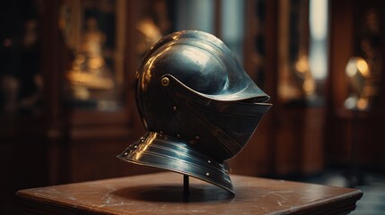Helmet displayed on museum stand in exhibit hall