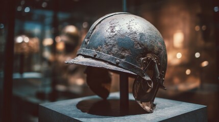 Helmet displayed on museum stand in exhibit hall