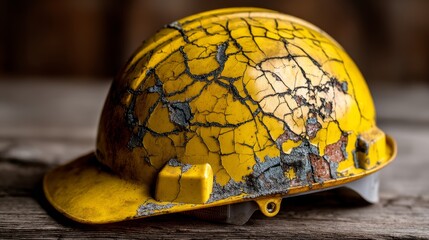 Damaged yellow safety helmet on construction site